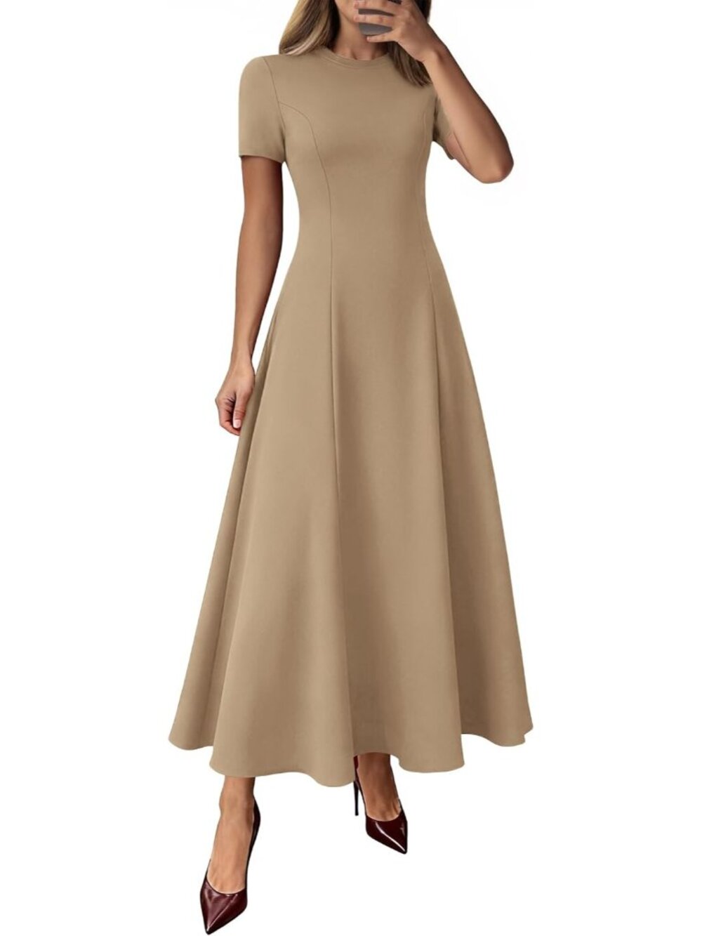 Women's Khaki Crewneck Short Sleeve A Line High Waist Wedding Guest Maxi Dresses